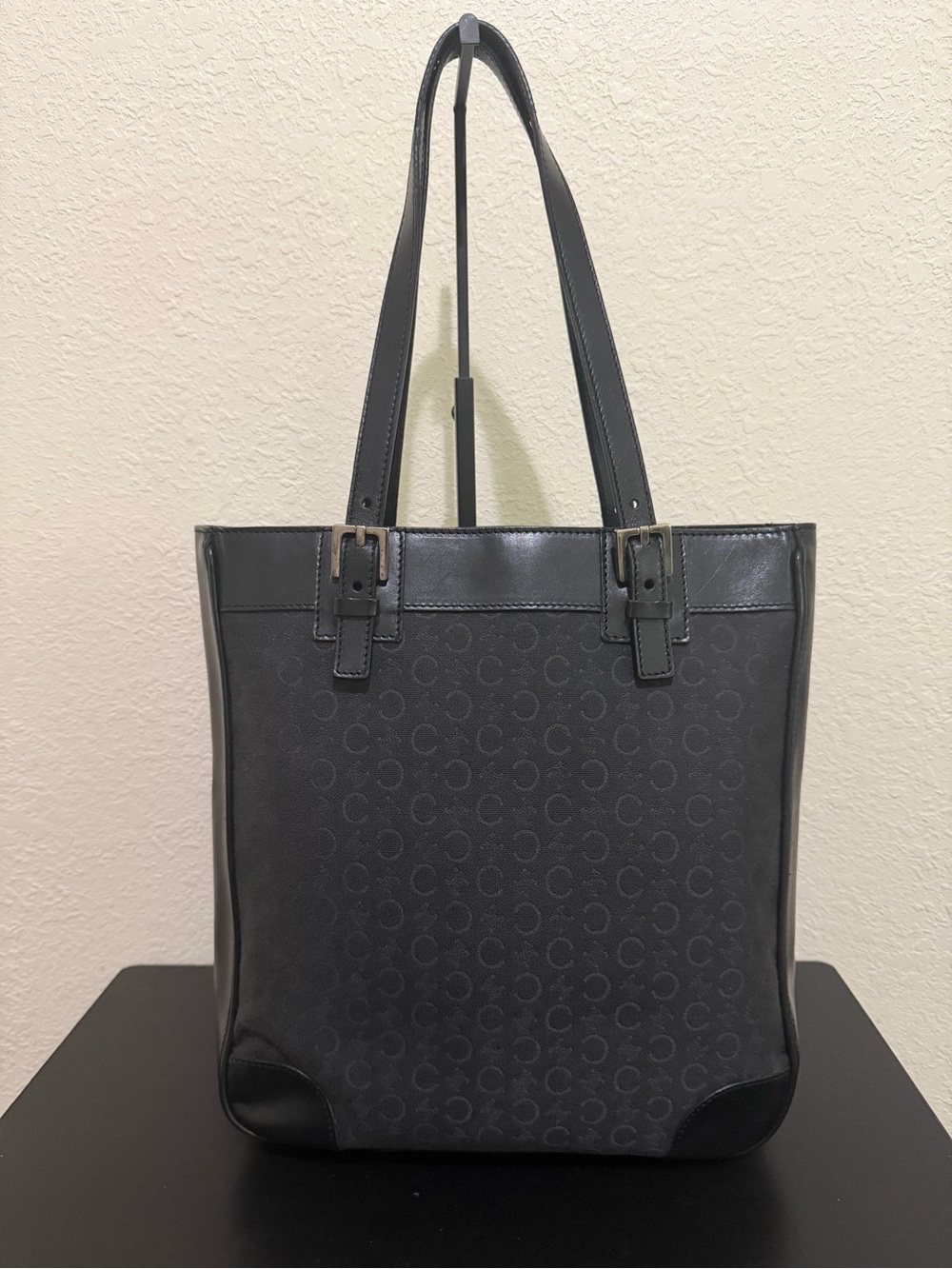 Celine Black Monogram Canvas Tote with Leather Trim